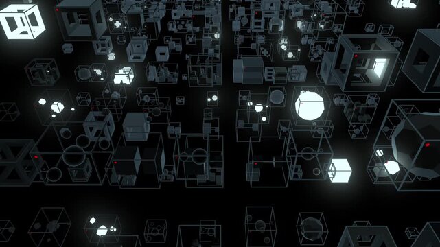 futuristic 3D motion background featuring a complex grid network of floating abstract geometric cubes, wireframe structures, glowing spheres, and technological elements in dark monochromatic tones.