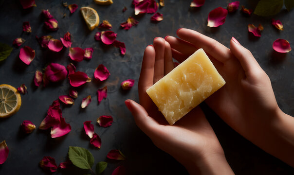 Top view of a beautiful woman's hands hold a ractangle soap bar, against a dark light background. Basil leaves, broken rose petals, lemon slices are scattered around.