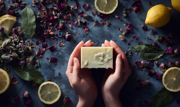 Top view of a beautiful woman's hands hold a ractangle soap bar, against a dark light background. Basil leaves, broken rose petals, lemon slices are scattered around.