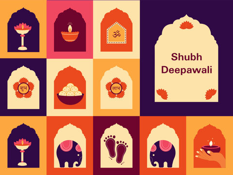 Happy Diwali Indian Festival of lights trendy abstract flat vector illustration with colorful icons abstract background.