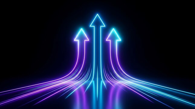 Neon arrows pointing upwards in purple and blue hues