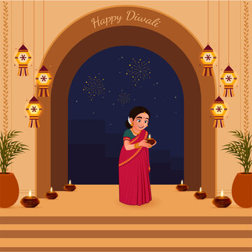 Happy Diwali Indian Festival of lights, celebration background, woman lighting diya at her home vector illustration.