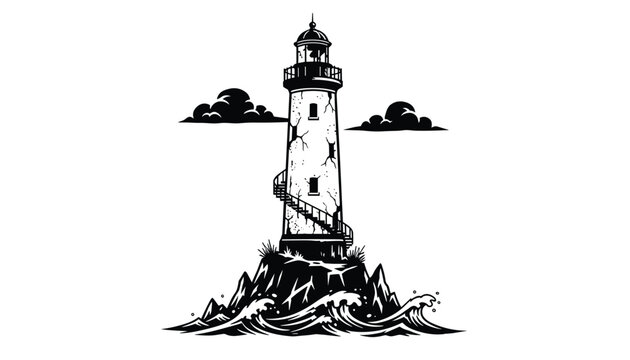 Isolated lighthouse on a rocky island with crashing waves and clouds