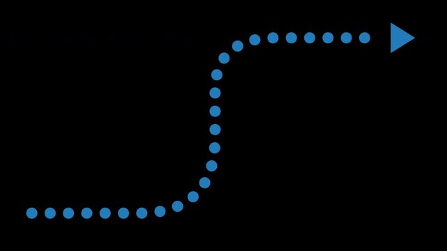 点線矢印が曲がる経路を順に描き、先端が右上へ進む青いルート案内アニメーション素材