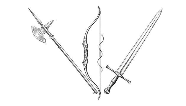 Collection of medieval weapons including poleaxe longbow and broadsword
