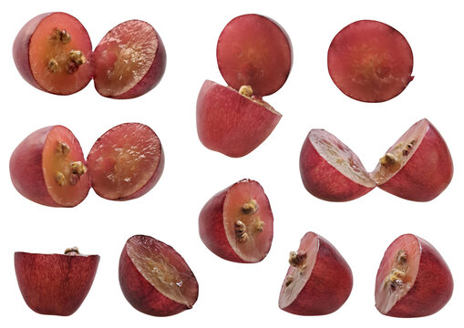 Red grape transverse cross section halves, open butterfly cuts, and sliced berry pieces with visible seeds set isolated on transparent background. Grape details collage in natural light.