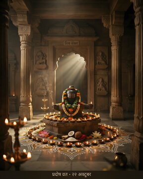 Sacred Shiva Linga in Temple Shrine Decorated with Flowers for Pradosh Vrat