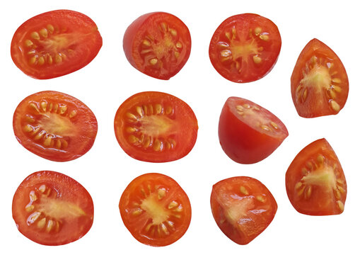 Set of sliced red grape tomatoes, cross section halves, longitudinal halves and quarters isolated on transparent background, flat lay food collage