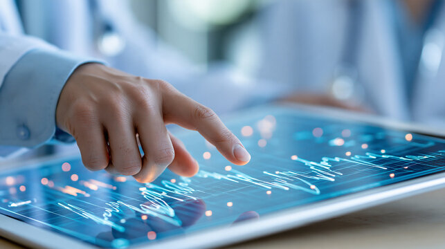Doctor reviewing treatment outcomes on a digital dashboard, clinical analytics, patient outcomes, healthcare quality, evidence-based medicine, medical data, professional