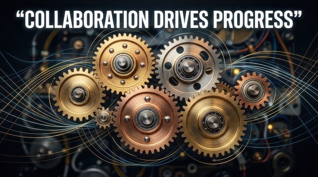 Interlocking gears symbolizing collaboration, progress, and teamwork in a mechanical system