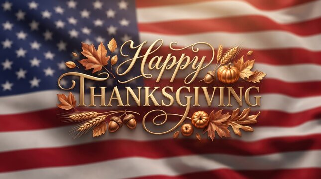 Premium American Thanksgiving greeting card featuring embossed antique-gold &ldquo;Happy Thanksgiving&rdquo; lettering against a softly blurred flowing American flag with elegant autumn accents.