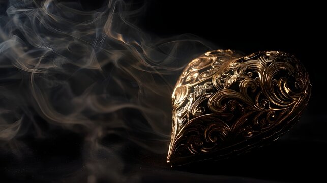 Ornate gold filigree heart ornament with curling smoke on black background