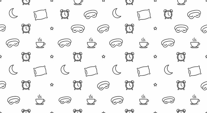 Seamless pattern of minimalist bedtime outline icons with moon, pillow and alarm clock