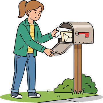 Young woman checking mailbox and collecting envelopes letter mail flat vector illustration