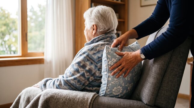 Caregiver adjusting pillow to support elderly woman sitting in armchair, senior care and assistance concept, home nursing service, comfort and well-being for aging population