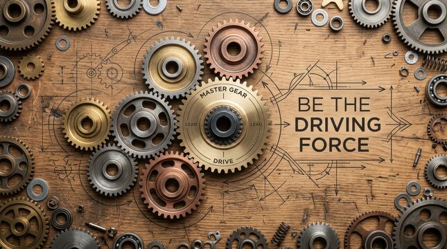 Interlocking metal gears and cogs on a wooden background with motivational text