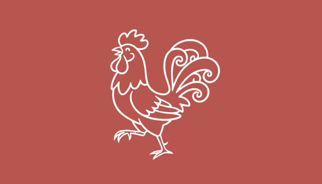 White line art vector illustration of a cute rooster walking on a solid terracotta background representing farm animals.