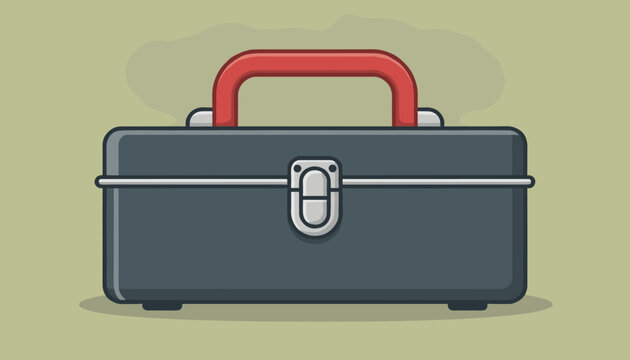 Closed metal toolbox with a sturdy red handle and silver metal latch closure sitting on a neutral green-grey background.