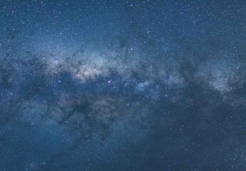 Milky Way galaxy core with dense star field and dust lanes glowing across a deep blue night sky © liangfu