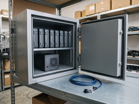 Fire resistant cabinet storing offline backup drives and NAS