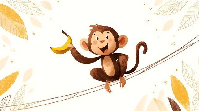 Happy cartoon monkey sitting on a rope holding a banana