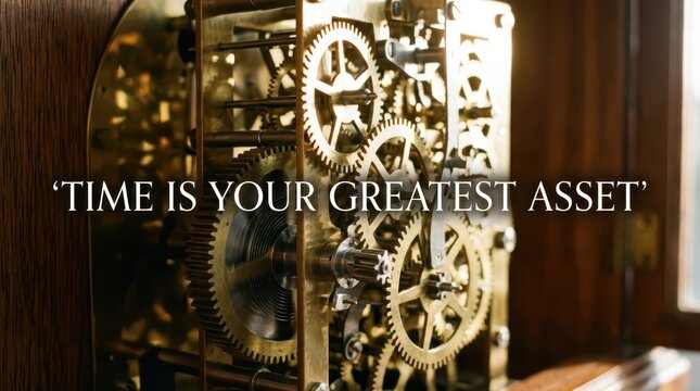Intricate Brass Clockwork Mechanism with Inspirational Quote About Time