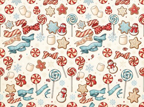 Christmas festive candy and cookie pattern holiday winter sweet treats background design.