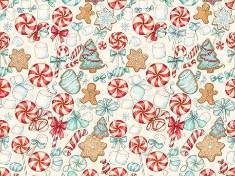 Christmas holiday candy gingerbread cookies and marshmallow seamless pattern background design.