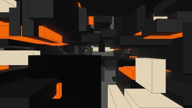Abstract motion background featuring an intricate maze-like structure of dark grey, vibrant orange, and cream-white rectangular blocks shifting in perspective.