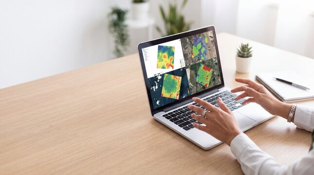 Middle Eastern Female Professional Analyzing Spatial Data Maps on Laptop