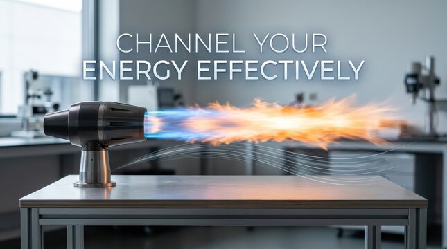 Industrial heat gun emitting a powerful flame in a modern laboratory setting