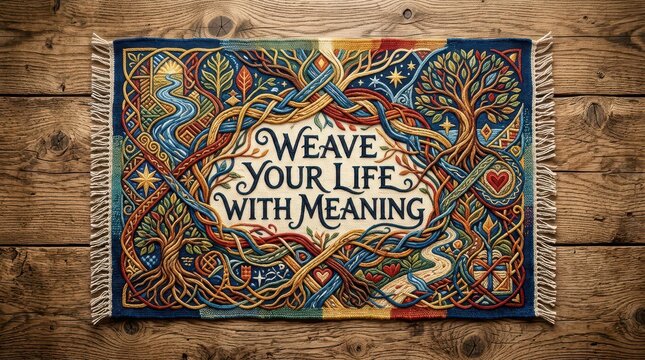 Intricate Celtic Tapestry with "Weave Your Life With Meaning" Quote on Wooden Background