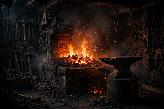 Glowing blacksmith forge with flying sparks in dark workshop