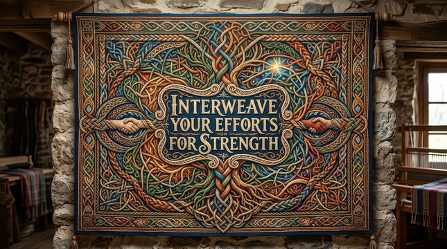 Intricate Celtic Tree of Life Tapestry with Inspirational Quote and Handshake Symbolism