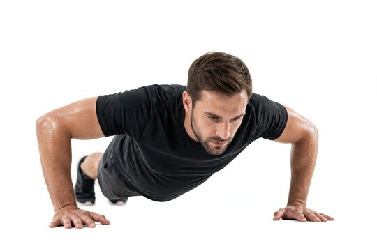 Athletic Man Performing Push Up Exercise Isolated on White Background for Upper Body Strength and Fitness Training