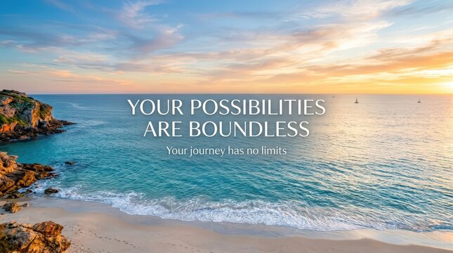 Inspirational beach sunset with calm ocean waves and rocky cliffs, text overlay 'Your possibilities