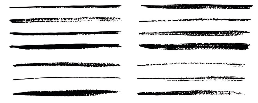 Straight line vector Asian ink brush strokes. Black hand drawn stripes, smears. Chinese, Japanese or Korean calligraphy brushstrokes set. Rough grunge thick paint line texture. Vector sketch lines