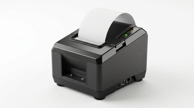 Black thermal receipt printer with paper roll isolated on a white
