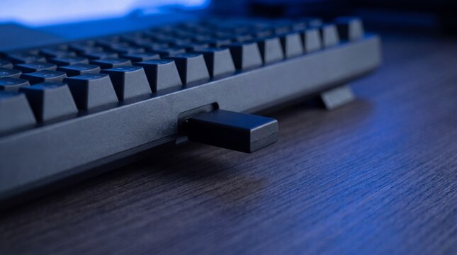 USB Hardware Keylogger Device Connected to Keyboard for Cybersecurity Threat Concept