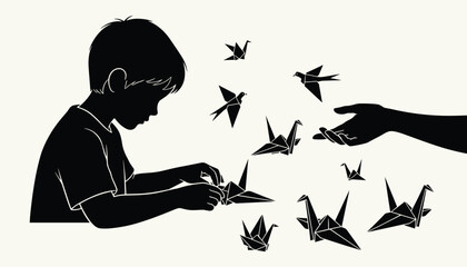 Obraz premium Black silhouette of a boy folding origami paper cranes while a hand offers more paper birds in a creative scene.