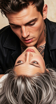 Close-up of a man's face looking down at a woman's face turned up, symbolizing intimacy, connection, and affection, evoking romance.