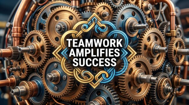 Intricate Gears and Cogwheels Forming a Complex Mechanism with Teamwork Message