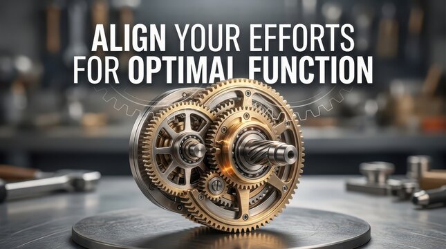 Intricate golden gears mechanism symbolizing teamwork, precision, and optimal function in a workshop