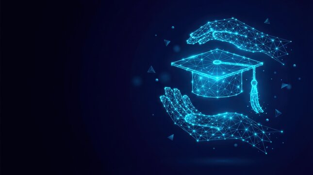 Futuristic glowing blue wireframe graduation cap in digital plexus hologram style, representing education innovation and advanced cyber learning on dark gradient background