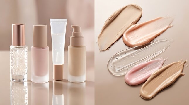Cosmetic bottles and liquid makeup foundation swatches on a soft pink and grey background. beauty primer variety