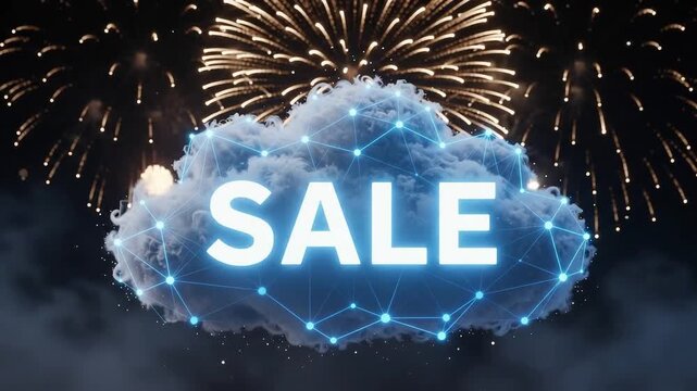 Glowing Sale Text in Cloud Network Against Fireworks Night Sky Background