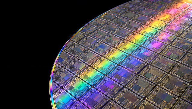Silicon Wafer Surface horizontal rainbow reflections on chip dies