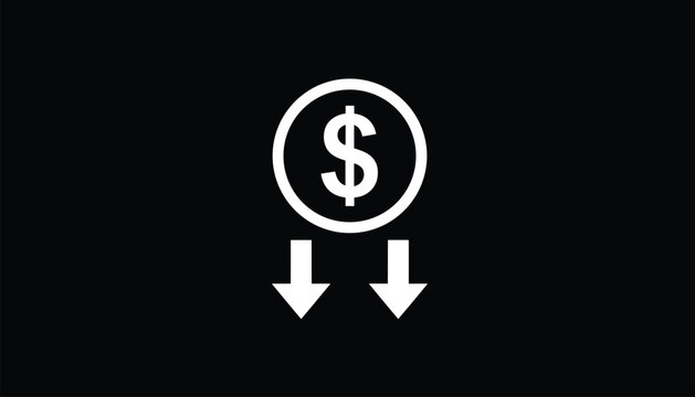 White dollar currency coin with downward pointing arrows on a solid black background representing financial loss.