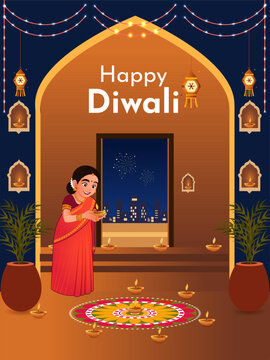 Happy Diwali Indian Festival of lights, celebration background, woman lighting diya at her home vector illustration.