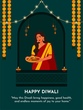 Happy Diwali Indian Festival of lights, celebration background, woman lighting diya at her home vector illustration.